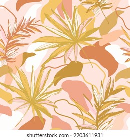 Grunge tropical leaves sketch drawing on abstract foliage background. Collage art. Organic geometric shapes and lines, doodles, dots, colorful leaves seamless pattern. Vector summer illustration
