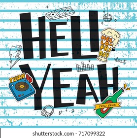 Grunge t-shirt design with patches on blue stripe background