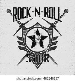 Grunge  t-shirt graphic design, grange print stamp "rock 'n' roll star", creative design, Vector