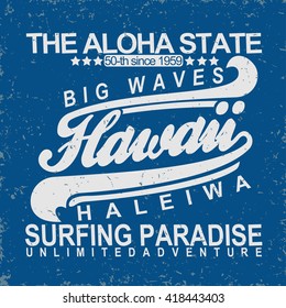 Grunge t-shirt graphic design,  vintage print stamp, creative Hawaii surfers wear typography emblem, Vector