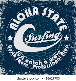 Grunge t-shirt graphic design, vintage print stamp, surfers wear typography emblem, Vector