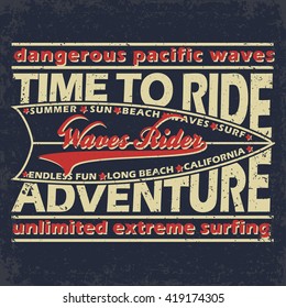 Grunge t-shirt graphic design, vintage print stamp, California surfers wear typography emblem, Vector