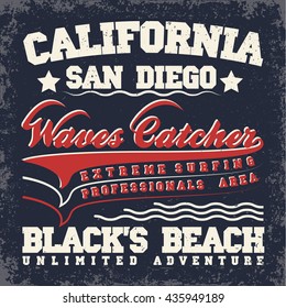 Grunge t-shirt graphic design,  vintage print stamp, creative California surfers wear typography emblem, Vector