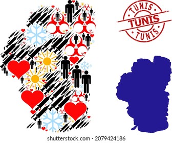 Grunge Tunis stamp, and spring men syringe collage map of Tahoe Lake. Red round stamp seal has Tunis tag inside circle. Map of Tahoe Lake collage is done with frost, sunny, heart, people, vaccine,