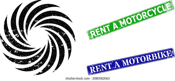 Grunge turbine rotation icon and rectangular unclean Rent a Motorcycle stamp. Vector green Rent a Motorcycle and blue Rent a Motorbike imprints with grunge rubber texture,