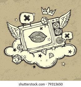 Grunge TV design. Original graffiti art style design. New school tattoo. Hand-drawn vector images. Good for printing on t-shirt. Easy to edit. EPS8 file. Vintage colors.
