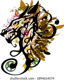 Grunge twirled dragon head symbol colorful splashes. Aggressive young dragon with elements of golden feathers, floral splashes and colored drops for posters, textiles, wallpaper, tattoos, prints, etc.