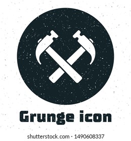 Grunge Two crossed hammers icon isolated on white background. Tool for repair.  Vector Illustration