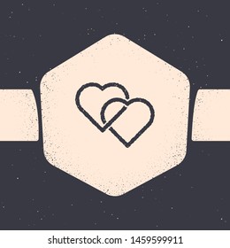 Grunge Two Linked Hearts icon isolated on grey background. Romantic symbol linked, join, passion and wedding. Valentine day symbol. Monochrome vintage drawing. Vector Illustration