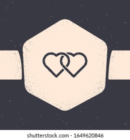 Grunge Two Linked Hearts icon isolated on grey background. Romantic symbol linked, join, passion and wedding. Valentine day. Monochrome vintage drawing. Vector Illustration