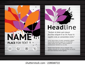 Grunge two side flyer template, vector graphic design poster with colorful leaves and sample  text