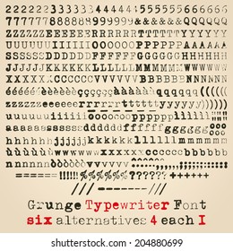 Grunge typewriter font. Six alternatives for each glyph