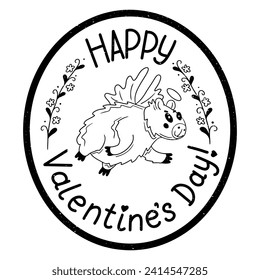 Grunge typographic sticker with capybara as angel. Flat animal character in love and Valentines greetings. Isolated composition with scratches on white background