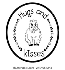 Grunge typographic sticker with happy capybara. Flat animal character in love and Valentines lettering Hugs and kisses. Isolated composition with scratches on white background