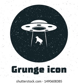 Grunge UFO abducts cow icon isolated on white background. Flying saucer. Alien space ship. Futuristic unknown flying object.  Vector Illustration