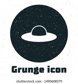 Grunge UFO flying spaceship icon isolated on white background. Flying saucer. Alien space ship. Futuristic unknown flying object.  Vector Illustration