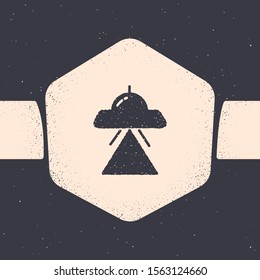 Grunge UFO flying spaceship icon isolated on grey background. Flying saucer. Alien space ship. Futuristic unknown flying object. Monochrome vintage drawing. Vector Illustration