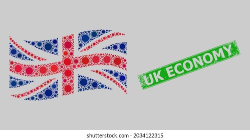 Grunge Uk Economy and mosaic waving Great Britain flag designed with sun elements. Green stamp contains Uk Economy text inside rectangle.