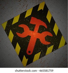 Grunge under construction background with crossed hammer and wrench vector illustration.