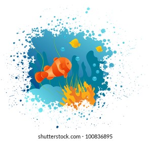 Grunge underwater background with clownfish, algae and corals