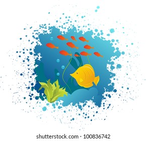 Grunge underwater background with fishes, algae and corals