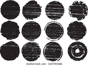Grunge Uneven Circles Post Stamps Collection. Can be used as Round Banners, Insignias or Badges. Vector Distressed Textures Set. Blank Shapes. Vector Illustration. Black isolated on white. EPS10.