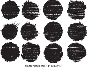 Grunge Uneven Circles Post Stamps Collection. Can be used as Round Banners, Insignias or Badges. Vector Distressed Textures Set. Blank Shapes. Vector Illustration. Black isolated on white. EPS10.