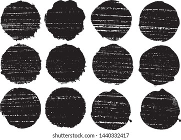 Grunge Uneven Circles Post Stamps Collection. Can be used as Round Banners, Insignias or Badges. Vector Distressed Textures Set. Blank Shapes. Vector Illustration. Black isolated on white. EPS10.