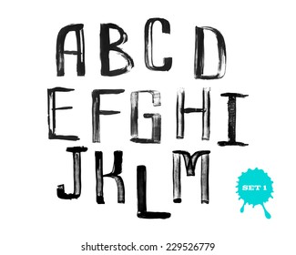 Grunge uneven handwritten paint alphabet, vintage calligraphy, stamp style font, capital letters, set 1