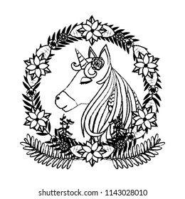 grunge unicorn inside circle branches flowers and leaves