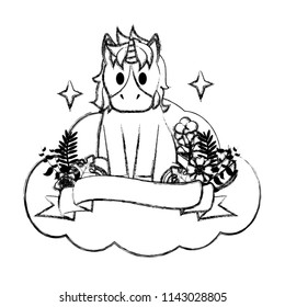 grunge unicorn seating in the clouds with leaves and flowers