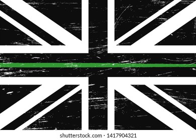 Grunge United Kingdom flag with a thin green line - a sign to honor and respect british border patrol, park rangers and federal agents