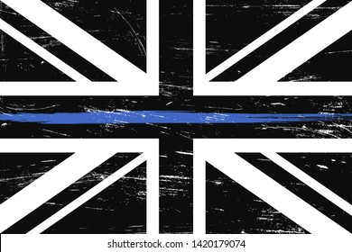 Grunge United Kingdom flag a with thin blue line - a sign to honor and respect british police, army and military officers.