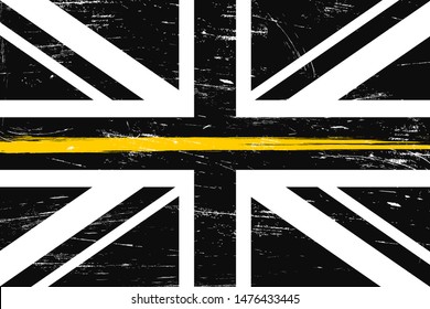 Grunge United Kingdom flag with a thin yellow or gold line - a sign to honor and respect British Dispatchers, Security Guards and Loss Prevention