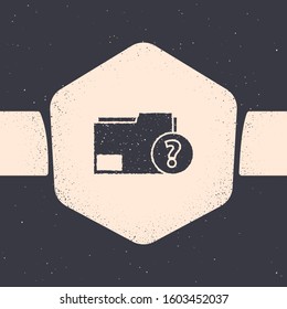 Grunge Unknown document folder icon isolated on grey background. File with Question mark. Hold report, service and global search sign. Monochrome vintage drawing. Vector Illustration