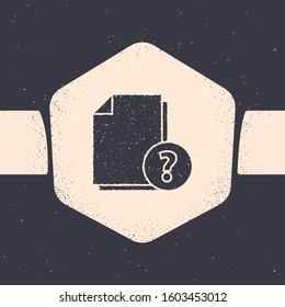 Grunge Unknown document icon isolated on grey background. File with Question mark. Hold report, service and global search sign. Monochrome vintage drawing. Vector Illustration
