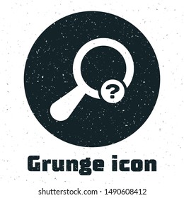 Grunge Unknown search icon isolated on white background. Magnifying glass and question mark.  Vector Illustration