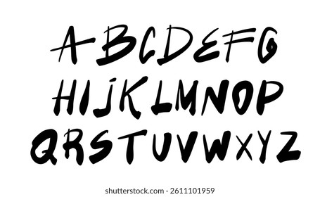 Grunge uppercase font with dry brush stroke texture. Bold, hand-drawn capital letters in a graffiti-inspired style. Rough, dirty edges and distressed details give this vector alphabet a raw