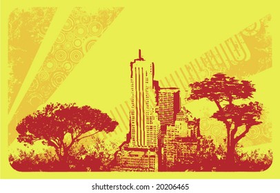 Grunge urban background with tree silhouettes, vector illustration.