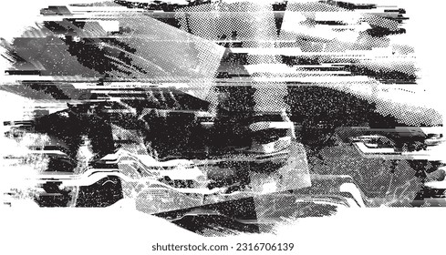 Borroso fondo urbano. Vector. Cartel texturado. Fondo digital futurista. Efecto de niebla. Resumen, afiche salpicado, sucio, ciberpunk para tu diseño. 