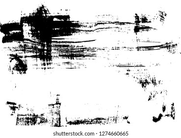 Grunge urban brushed ink texture print on paper handmade. Abstract vintage monochrome print. Vector illustration. Dash and scratch. Overlay, multiply black and white filter.