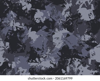 Grunge urban camouflage, black modern fashion design. Dirty brush stroke camo military pattern. Army uniform, fashionable fabric print. Vector seamless monochrome texture