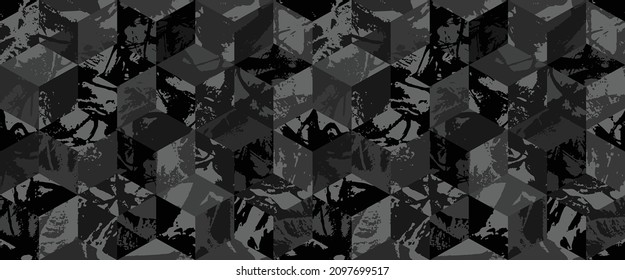 Grunge urban camouflage, black modern fashion design. Dirty brush stroke camo military pattern. Army uniform, fashionable fabric print. Vector seamless monochrome texture