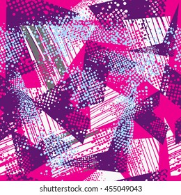 Grunge urban geometric pattern. Abstract seamless wallpaper on pink background with purple and white elements. Creative modern design for fashion, sport clothes. Colorful bright repeated backdrop.