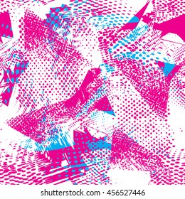 Grunge urban pattern for girl. Abstract seamless pink background in pink, blue and white shape dots elements. Creative modern design for fashion, sport clothes. Colorful tender repeated backdrop.