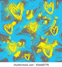 Grunge urban pattern for girls. Abstract seamless wallpaper. Colorful bright yellow and blue background with hearts. Creative modern fashion design for sport clothes. Repeated girlish backdrop. 