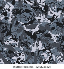 Grunge urban smear camouflage, black modern fashion design. Dirty brush stroke camo military pattern. Army uniform, fashionable fabric print. Vector seamless monochrome texture