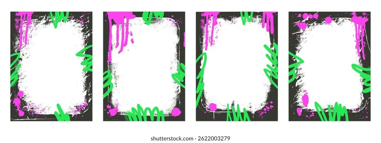 Grunge modelos de moldura de rua urbana. Planos de fundo de layout de arte de spray de grafite definidos. Borda com linhas de pintura de aerógrafo. Cartão retangular de tinta para foto. Banners de textura retro definir sobreposição. Ilustração vetorial.