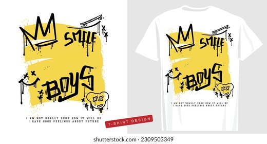 Grunge urban street style crown and emoji face drawing. Retro typography. Vector illustration design for fashion graphics, t shirt prints.