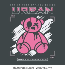 Grunge, tipografía y dibujo urbano de calles. Diseño de Ilustración vectorial para moda, camiseta, camiseta, gráfico, estampado, póster. Tipografía de Antiguas y dibujo de emojis de oso de peluche.